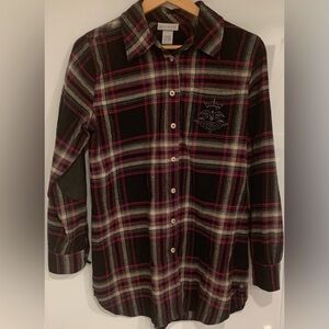 Soft Surroundings Black Dark Pink & Grey Plaid Womens Button Long Sleeved Shirt